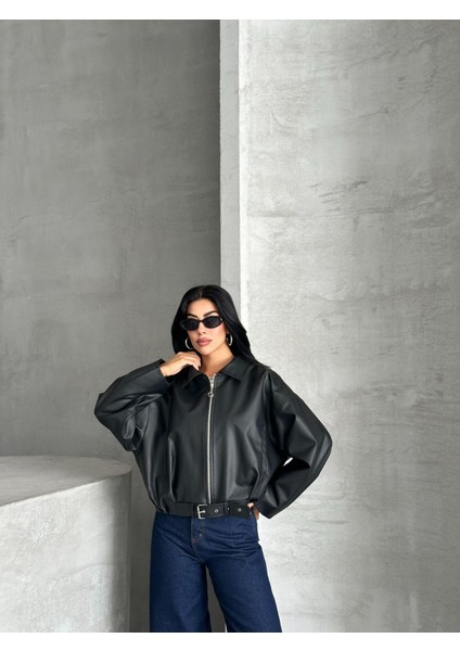Zr Yakalı Siyah Bomber Deri Ceket fırsatları