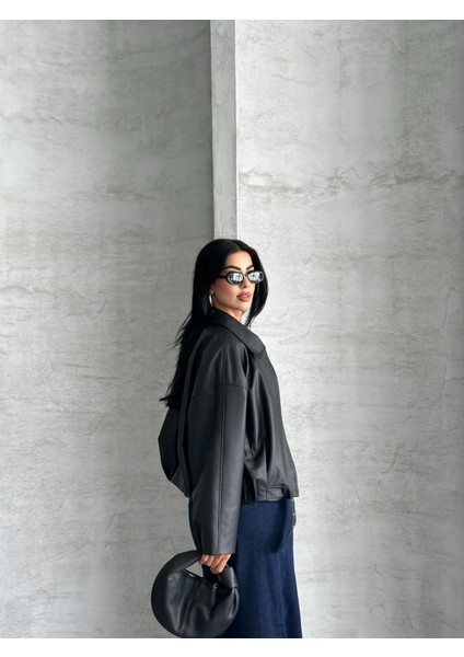 Zr Yakalı Siyah Bomber Deri Ceket indirimleri