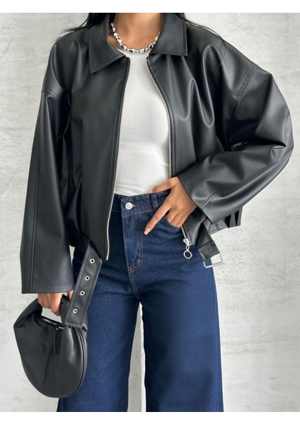 Zr Yakalı Siyah Bomber Deri Ceket