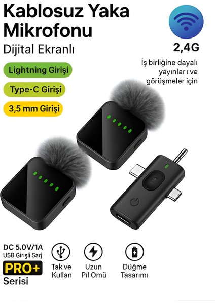Lightining Type-C 3.5mm Uyumlu Dijital Ekranlı 2.4g Kablosuz Çift Yaka Mikrofonu Pro++
