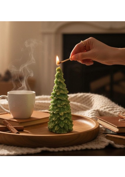 Koyu Yeşil Çam Ağacı Mum – Yılbaşı Dekoratif El Yapımı Mum – Yeni Yıl Hediyelik