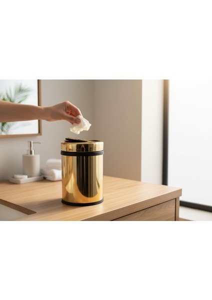 Gold Döner Kapaklı Çöp Kovası 8 Litre Hacim Pratik Kapak Çelik Materyal
