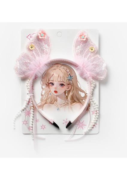 Pembe İncili Kelebek Kanat Figürlü Kız Çocuk Taç