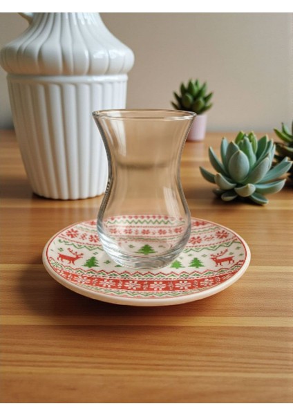 Yılbaşı Desenli 6'lı Çay Bardağı Seti /noel Desen Çay Seti