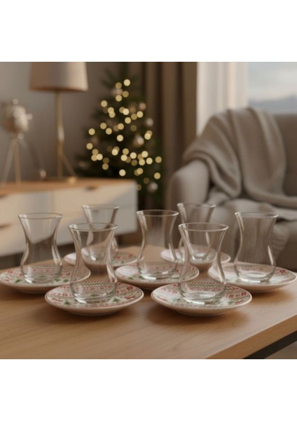 Yılbaşı Desenli 6'lı Çay Bardağı Seti /noel Desen Çay Seti modelleri