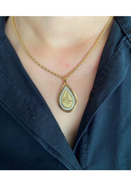 Çelik Zirkon Taşlı Damla Tuğra Kolye Altın Kaplama Zincir Takı