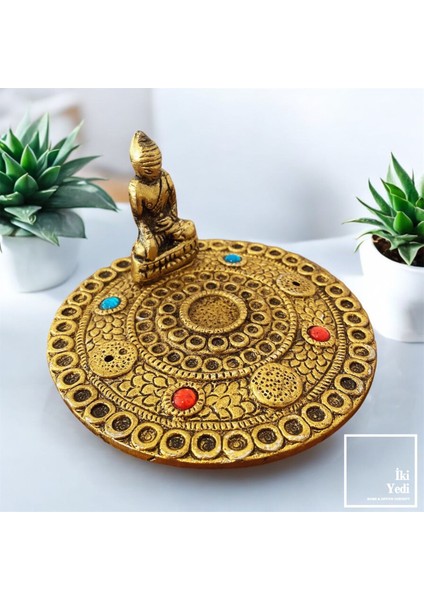 Mullin Buda Figürlü Yuvarlak Metal Tütsülük – Konik ve Çubuk Uyumlu, Meditasyon Tütsü Kabı