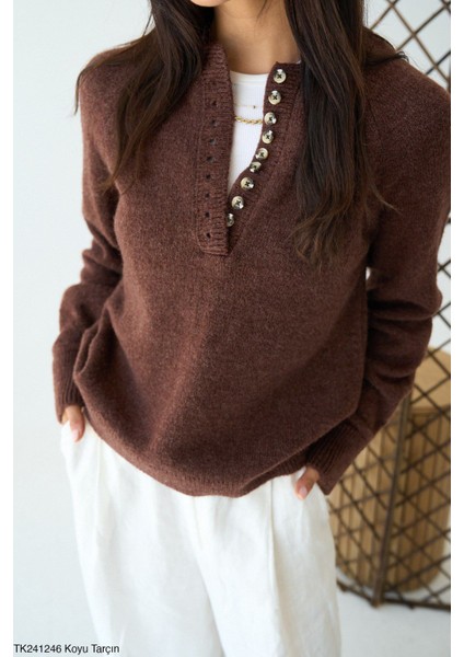 Kadın Yuvarlak Yaka Yarım Düğmeli Basic Triko Kazak fiyatları