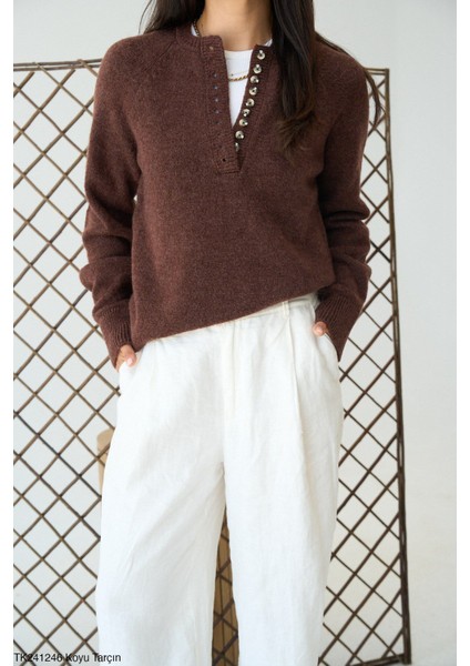 Kadın Yuvarlak Yaka Yarım Düğmeli Basic Triko Kazak modelleri