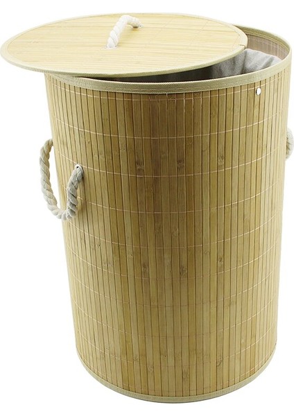 Yuvarlak Bambu Ahşap Kirli Çamaşır Sepeti 35X60CM Seyyar Kapaklı Içi Bezli Ip Kulplu (5314)