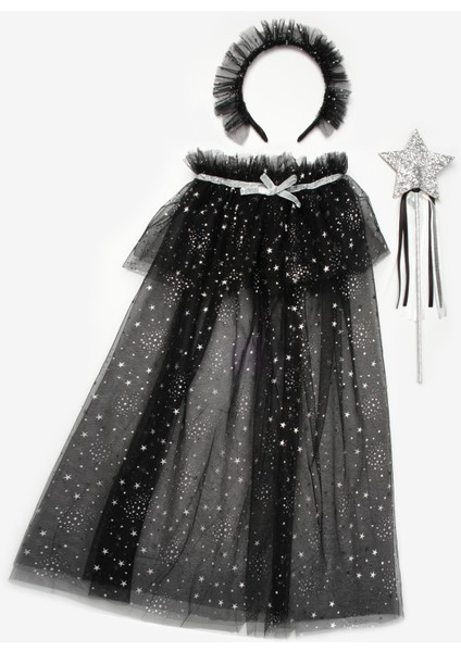 Siyah Gümüş Yıldız Desenli Kız Çocuk Pelerin Asa ve Taç Set