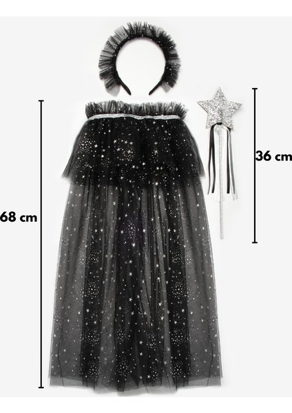 Siyah Gümüş Yıldız Desenli Kız Çocuk Pelerin Asa ve Taç Set modelleri