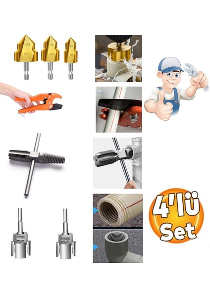 Pprc Pvc Boru Diş Açma Tamir Onarım 7 Parçalı Set Tesisatcı Havşa Rayba Ters Klavuz Diş Matkap Ucu