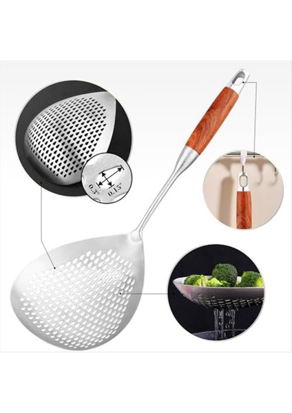 Büyük Skimmer Yuvalı Kaşık - Ahşap Uzun Saplı 304 Paslanmaz Çelik Skimmer Kaşık 16 Inç Derinlikte Fritöz Kepçe (Yurt Dışından) fırsatları