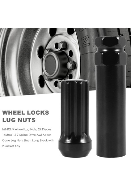 M14X1 5 Tekerlek Pabuç Somun 24 Parça 14MMX1 5 7 Spline Sürücü Awl Acorn Koni Kabuğu Nuts 2 Inç Uzun Siyah 2 Soket Anahtarı (Yurt Dışından) fırsatları