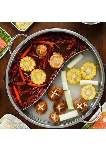 Paslanmaz Çelik Ikiz Bölünmüş Çift Hotpot Ocak Gazı Soba Uyumlu Pot Ev Mutfak Tencere Çorbası Pişirme Potu 32CM (Yurt Dışından) modelleri