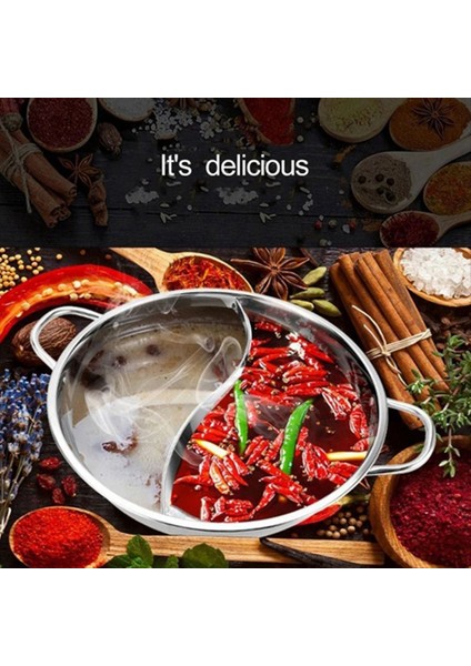 Paslanmaz Çelik Ikiz Bölünmüş Çift Hotpot Ocak Gazı Soba Uyumlu Pot Ev Mutfak Tencere Çorbası Pişirme Potu 32CM (Yurt Dışından) indirimleri