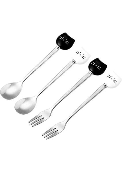 Sevimli Kediler Kahve Kaşık ve Çatal Seti Seramik Paslanmaz Çelik Kediler Tatlı Kaşık Içecek Kaşıkları Meyve Çatal (Yurt Dışından)