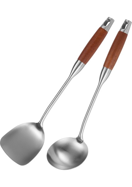 Karbon Çeliği Için Paslanmaz Çelik Spatula Paslanmaz Çelik Wok Spatula Metal Wok Aletleri Seti Ahşap Saplı Çorba Kepçe (Yurt Dışından)