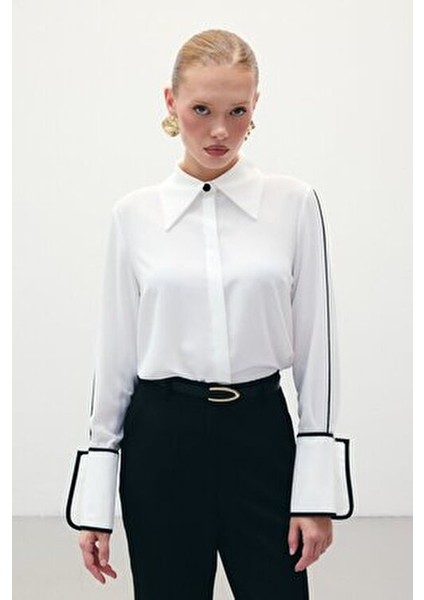 Kadın Klasik Manşetli Uzun Kol Ekru Gömlek - Günlük Stil Düz Desen