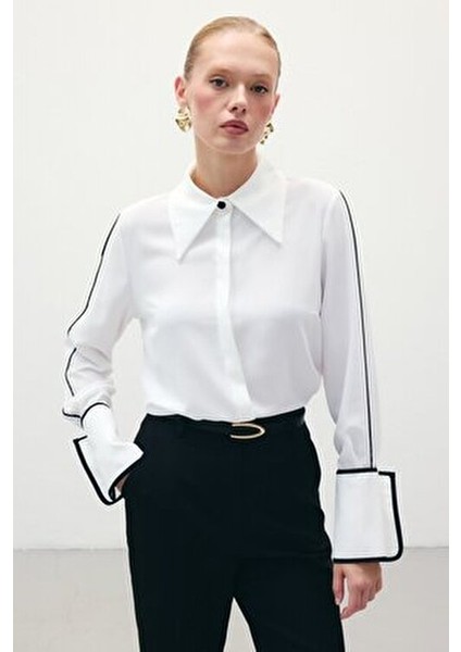 Kadın Klasik Manşetli Uzun Kol Ekru Gömlek - Günlük Stil Düz Desen