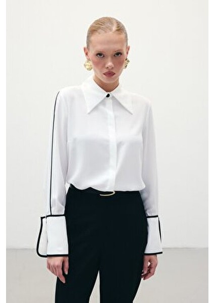 Kadın Klasik Manşetli Uzun Kol Ekru Gömlek - Günlük Stil Düz Desen