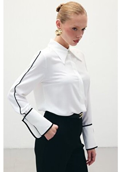 Kadın Klasik Manşetli Uzun Kol Ekru Gömlek - Günlük Stil Düz Desen