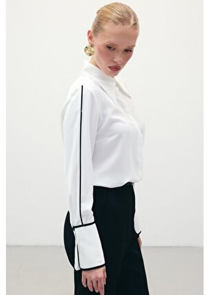 Kadın Klasik Manşetli Uzun Kol Ekru Gömlek - Günlük Stil Düz Desen