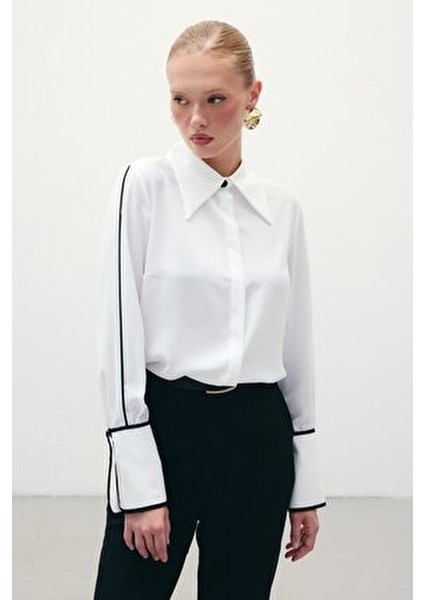 Kadın Klasik Manşetli Uzun Kol Ekru Gömlek - Günlük Stil Düz Desen