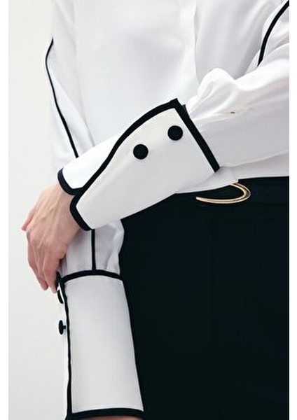 Kadın Klasik Manşetli Uzun Kol Ekru Gömlek - Günlük Stil Düz Desen