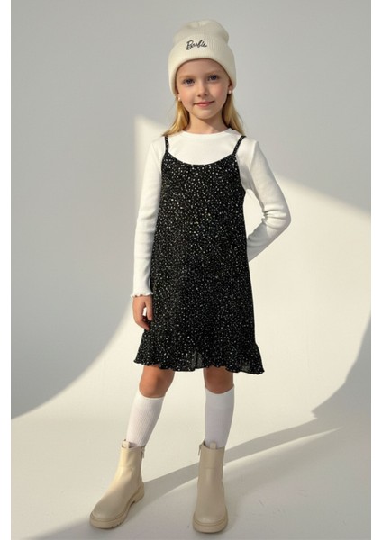 Kız Çocuk Siyah Puantiyeli Fırfırlı Jile Elbise Uzun Kollu Fitilli Body 2'li Takım- Kız Çocuk Takım