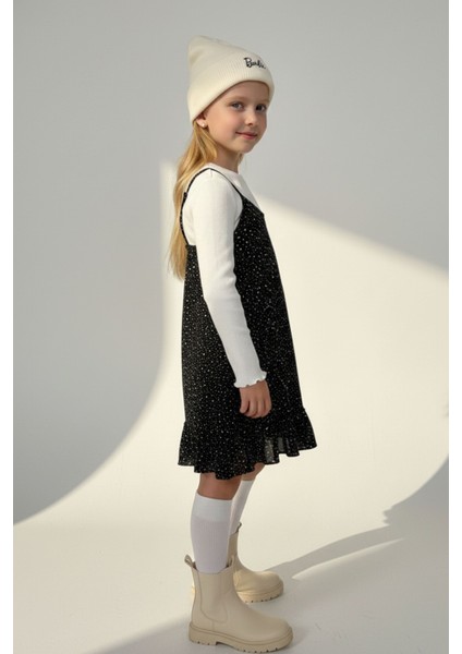 Kız Çocuk Siyah Puantiyeli Fırfırlı Jile Elbise Uzun Kollu Fitilli Body 2'li Takım- Kız Çocuk Takım fiyatları