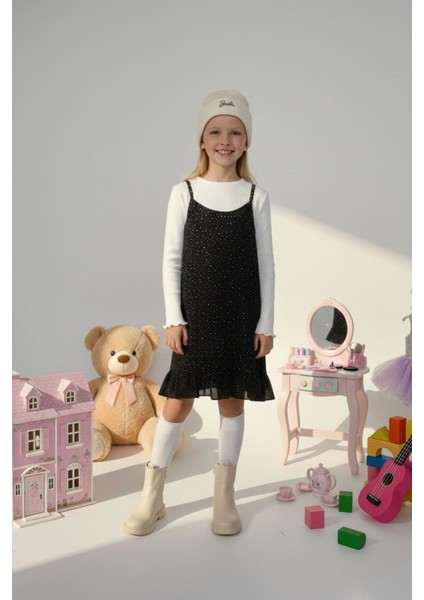 Kız Çocuk Siyah Puantiyeli Fırfırlı Jile Elbise Uzun Kollu Fitilli Body 2'li Takım- Kız Çocuk Takım indirimleri