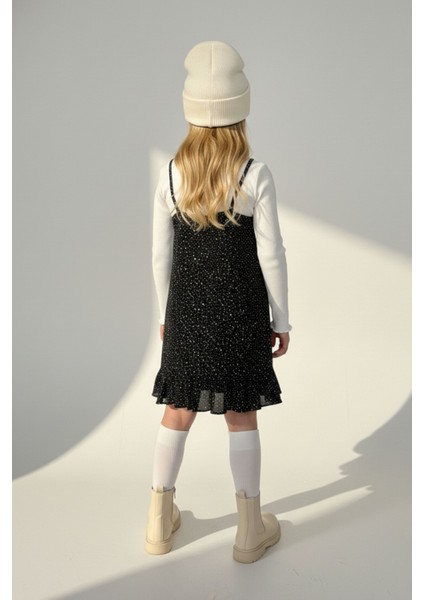 Kız Çocuk Siyah Puantiyeli Fırfırlı Jile Elbise Uzun Kollu Fitilli Body 2'li Takım- Kız Çocuk Takım