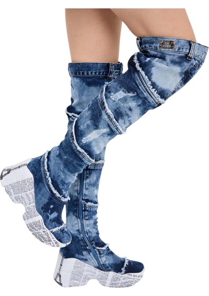 /diz Üstü Kot Çizmeleri, Kadın Kot Ayakkabılar, Modern Botlar, Platform Kot Botlar / Mavi Renk Kot Çizme /doğum Günü Hediyesi