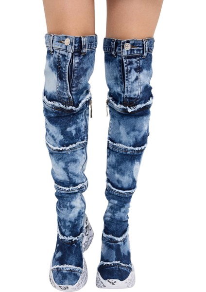 /diz Üstü Kot Çizmeleri, Kadın Kot Ayakkabılar, Modern Botlar, Platform Kot Botlar / Mavi Renk Kot Çizme /doğum Günü Hediyesi fiyatları