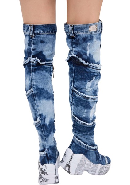 /diz Üstü Kot Çizmeleri, Kadın Kot Ayakkabılar, Modern Botlar, Platform Kot Botlar / Mavi Renk Kot Çizme /doğum Günü Hediyesi modelleri