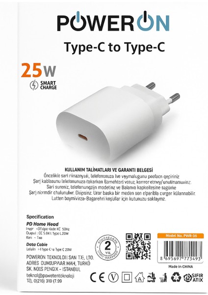 Poweron 25W Type-C To Type-C Şarj Kiti Enerjini Yarım Bırakma fiyatları
