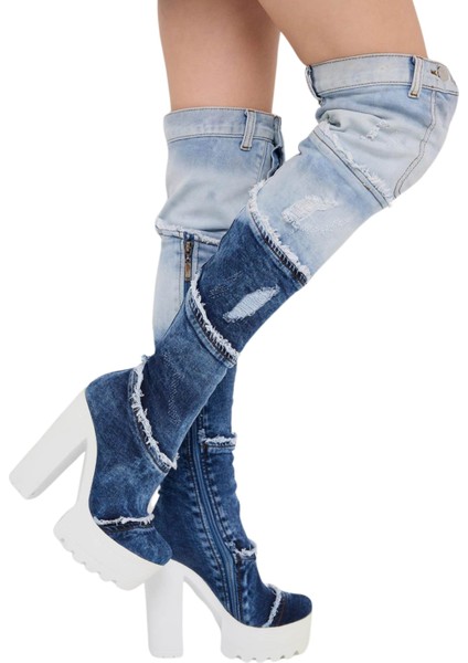 /diz Üstü Kot Çizmeleri, Kadın Kot Ayakkabılar, Modern Botlar, Platform Kot Botlar / Mavi Renk Kot Çizme /doğum Günü Hediyesi