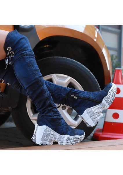 /diz Üstü Kot Çizmeleri, Kadın Kot Ayakkabılar, Modern Botlar, Platform Kot Botlar / Mavi Renk Kot Çizme /doğum Günü Hediyesi