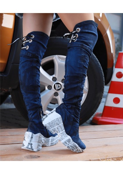 /diz Üstü Kot Çizmeleri, Kadın Kot Ayakkabılar, Modern Botlar, Platform Kot Botlar / Mavi Renk Kot Çizme /doğum Günü Hediyesi fiyatları