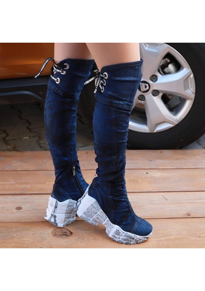 /diz Üstü Kot Çizmeleri, Kadın Kot Ayakkabılar, Modern Botlar, Platform Kot Botlar / Mavi Renk Kot Çizme /doğum Günü Hediyesi indirimleri