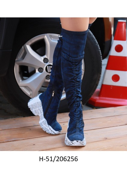 /diz Üstü Kot Çizmeleri, Kadın Kot Ayakkabılar, Modern Botlar, Platform Kot Botlar / Mavi Renk Kot Çizme /doğum Günü Hediyesi