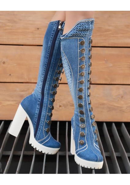 /diz Üstü Kot Çizmeleri, Kadın Kot Ayakkabılar, Modern Botlar, Platform Kot Botlar / Mavi Renk Kot Çizme /doğum Günü Hediyesi