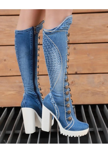 /diz Üstü Kot Çizmeleri, Kadın Kot Ayakkabılar, Modern Botlar, Platform Kot Botlar / Mavi Renk Kot Çizme /doğum Günü Hediyesi fiyatları