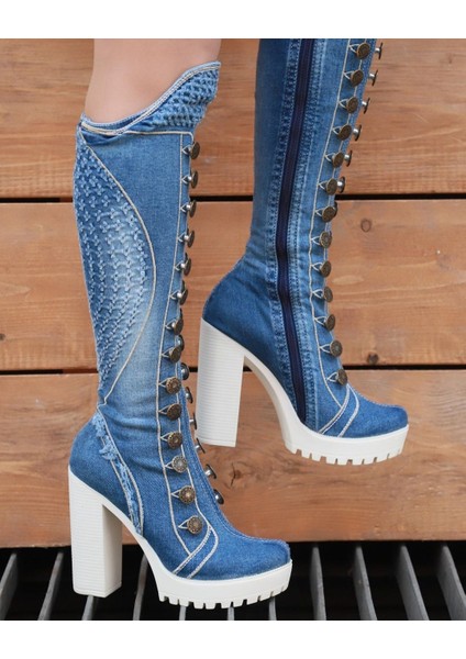 /diz Üstü Kot Çizmeleri, Kadın Kot Ayakkabılar, Modern Botlar, Platform Kot Botlar / Mavi Renk Kot Çizme /doğum Günü Hediyesi modelleri