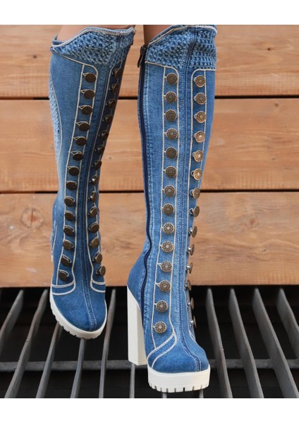 /diz Üstü Kot Çizmeleri, Kadın Kot Ayakkabılar, Modern Botlar, Platform Kot Botlar / Mavi Renk Kot Çizme /doğum Günü Hediyesi fırsatları