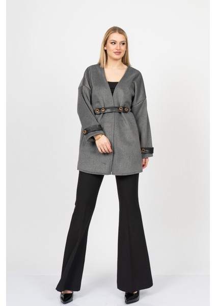 Elitesoft Deri Detaylı Kaşe Kaban Hırka – 2634