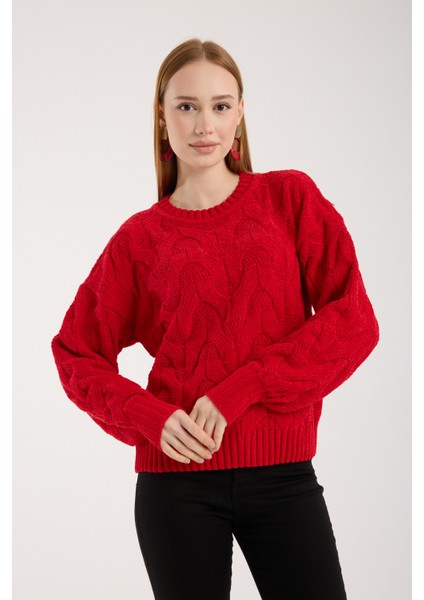 Kadın Kırmızı Şönil Kadife Saç Örgü Desenli Bisiklet Yaka Triko Kazak fiyatları