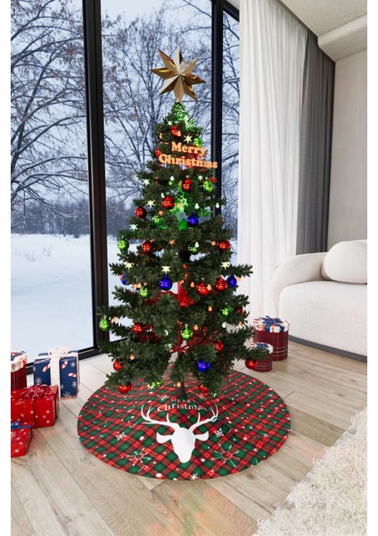 Kırmızı Yeşil 90CM Ekose Desenli Yılbaşı Temalı Dijital Baskılı Çam Ağacı Örtüsü